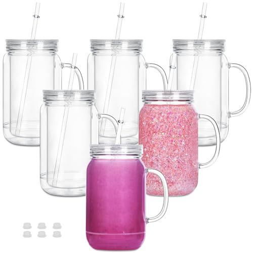 Maucircol 24 Oz Acrylic Snowglobe Tumbler with Handle, 6 Pack Pre-Drilled Double Wall Plastic Mason Jar for Glitter Snow Globe Diy, Double Wall Snowglobe Cup with Clear Lid