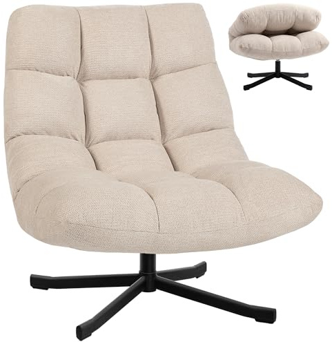 HOMCOM Sillón Giratorio Moderno, Butaca de Salón con Respaldo Plegable, Base de Cruz, Tapizado en Chenilla Impermeable, Asiento Extra Ancho y Patas de Acero, para Sala de Estar, Dormitorio, Crema