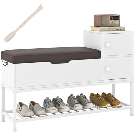 COSTWAY Banco Zapatero, Caja Abatible y 2 Puertas, Zapatero con Asiento, Calzador Retráctil, Gancho Lateral, Banco con Almacenaje Recibidor Entrada Pasillo, Blanco, 100 x 30 x 68 cm