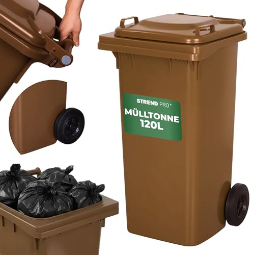 STREND PRO Mülltonne mit 120L Braun | Große Tonne Deckel & Rädern | Mülltonnen für Bioabfall & Garten | Robuster Mülleimer & Dustbin | Eimer mit deckel | Oskartonne plastik