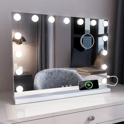 MIQU Hollywood Spiegel mit Licht 58 x 45 cm, Tisch Schminkspiegel mit Beleuchtung, 3 Farbmodig & USB/Type-C-Ladefunktion, groß Make Up Spiegel für Schminktisch mit 15 LED Lampen Weiß
