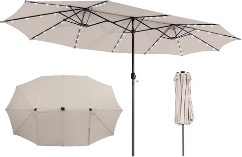 GOPLUS Parasol de Jardin Exterieur avec Pied, 4,6x2,8M Grand Parasol Double avec 48 LED Solaires, Manivelle, 12 Baleines, Protection Solaire, pour Terrasse Marché Patio