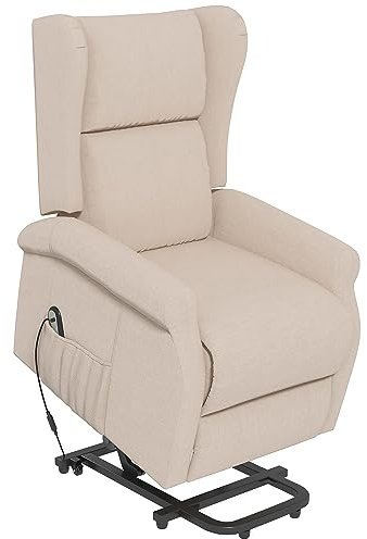 HOMCOM Fernsehsessel mit Aufstehhilfe Elektrisch Relaxsessel mit Liegefunktion, TV-Sessel mit Fernbedienung Seitentasche Leinenoptik Cremeweiß