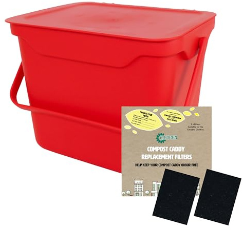 Easy Eco Red Kitchen Compost Caddy/Food Recycling Waste Bin - 5 Litre (5L) & 1 x Pack of 2 Filters