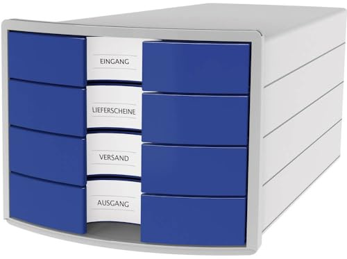 HAN Schubladenbox IMPULS 2.0 mit 4 geschlossenen Schubladen für DIN A4/C4 inkl. Beschriftungsschilder, Auszugsperre, möbelschonende Gummifüße, Design in premium Qualität, 1012-14, lichtgrau/blau
