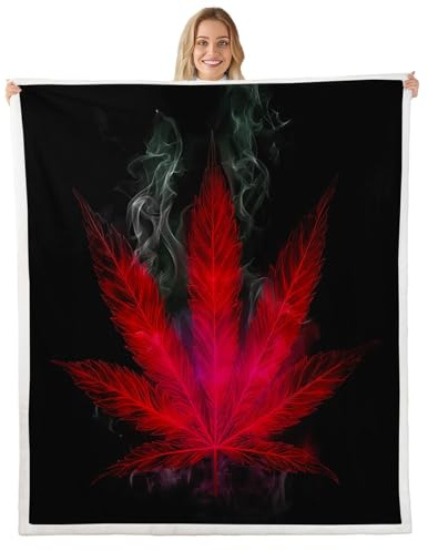 Marijuana Throw Blanket Red Cannabis Leaf Printed Bed Blanket, for Adult Women Teens Marijuana Weed Leaf Fleece Blanket Exotic Leaves Rustic Soft Boho Trippy Hippie Sherpa Throw Blanket, Throw
