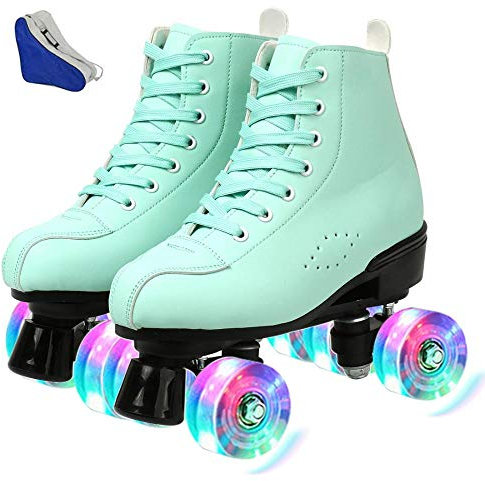 XUDREZ Rollschuhe für Damen, klassische Rollschuhe aus PU-Leder, hochgeschnitten, zweireihiges Design, Rollschuhe für drinnen und draußen (Green Flash Wheel, 45)