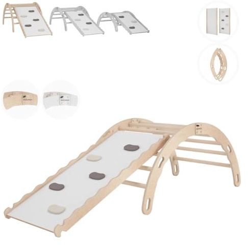 MAMOI® Triangle avec Toboggan Interieur, Mur Escalade pour Enfant, Aire de Jeux pour Bebe, Espalier en Bois, Rocker Arche à partir de 1/2/3 an, Bascule Montessori