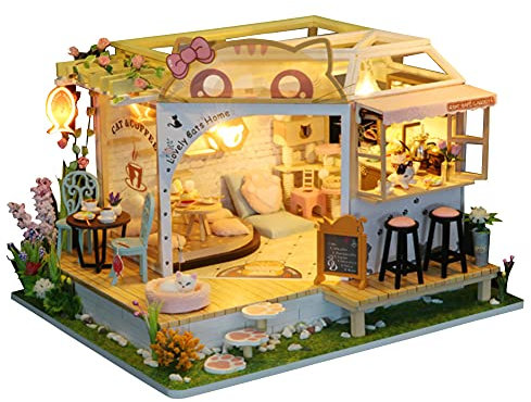 WDC - Maison de poupée miniature en bois pour chat - Accessoires de construction avec éclairage LED - Boîte à musique - Cadeau d'anniversaire ou de Noël (housse anti-poussière incluse)