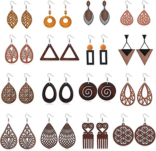 LOLIAS Ethnische Holz Ohrringe - Afrikanische Teardrop Statement Boho Vintage Schmuck