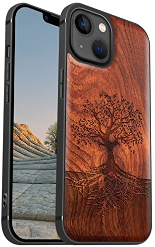 Carveit Étui en Bois pour iPhone 13, (Rosé-Arbre avec Racines) | Bois Étui de Magnétique Téléphone Antichoc TPU, Protection Case Compatible Magsafe pour iPhone 13 Coque