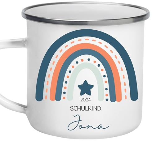 Personalisierte Tasse Schulkind 2024 Einschulung Mädchen Geschenk zum Schulbeginn 1. Klasse Geschenkidee mit Namen Kinderbecher Emaille (Blau)
