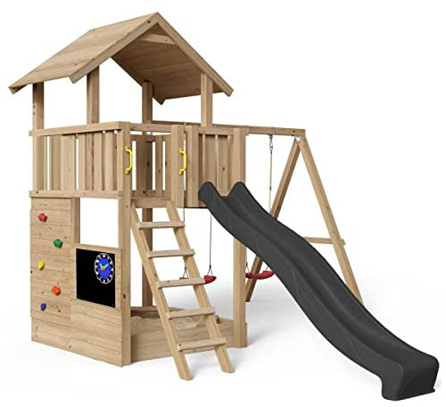 Spielturm Mia 359 - natürlich Lärche - außergewöhnlich - Spielturm mit Holzdach, Kletterwand, Kreidetafel, Sandkasten, Doppelschaukel und Rutsche grau