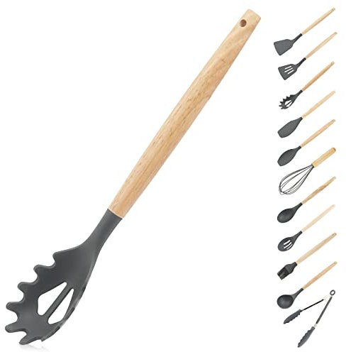 Cuchara de espagueti, cuchara de pasta, tenedor de pasta de silicona con mango de madera natural, cuchara de pasta con dientes, resistente al calor