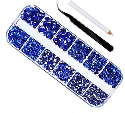 2000 Stück Flache Rückseite Gems Runder Kristall Strasssteine 6 Größen 1,5-6 mm mit Pick Up Pinzette und Strass Picking Stift für Handwerk Nagel Kleidung Schuhe (Dunkelblau)