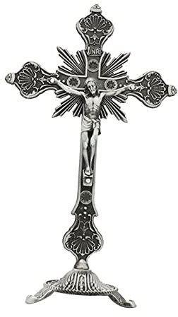 Colcolo Cruz de Mesa de crucifijo de Jesús de Metal, Cruz de Mesa católica con Soporte para la decoración del hogar de oraciones de Cristo, 10 H, Peltre Antiguo