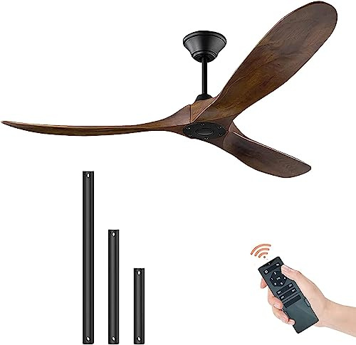 132cm/ 52 Zoll Deckenventilator mit Fernbedienung, Holzpropeller 3-Blatt-Deckenventilator für den Außenbereich ohne Licht für Terrassen, DC-Motor, 1-8 h Timing, 6 Speed Silent Deckenventilatoren