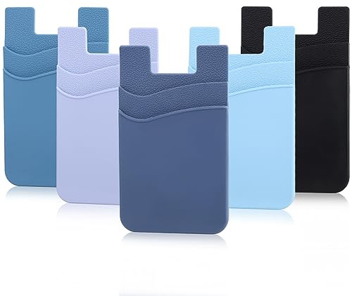 Zemexy Phone Wallet Stick on,5Pack Phone Card Holder for Back of Phone Case,Silicone Sticky Credit Card Holder for Cell Phone Double Pocket Sticker All Smartphones—Navy,Sierra,Pastel,Blue,Black