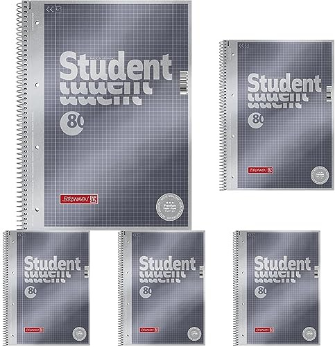 Brunnen Notizblock/Collegeblock (Student Premium, 4-fach- gelocht (Veredeltes DeckBlatt mit Metallic-Effekt, A4, kariert Lineatur 28, 90 g/m²) 80 Blatt) (Packung mit 5)