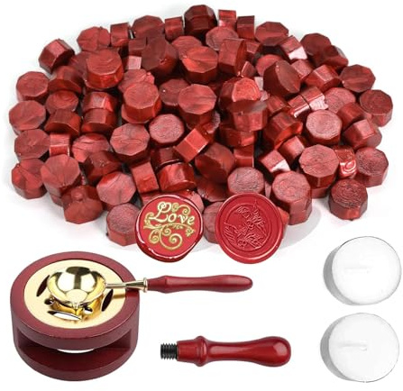 Peiyee Cire à Cacheter Rouge,400 Pcs Perles De Cire à Cacheter,Perles De Cire Octogonales,Cire Sceau,Kit De Cachet De Cire Avec 2 Bougies Chauffe-Plat Et 1 CuillèRe à Fondre,Vin Rouge