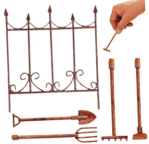 VANZACK 5pezzi Miniature Garden Tools Di Rastrello Manuale Badile Recinzione Decorazioni Per Casa Delle Bambole Paesaggistica Fai Da Te