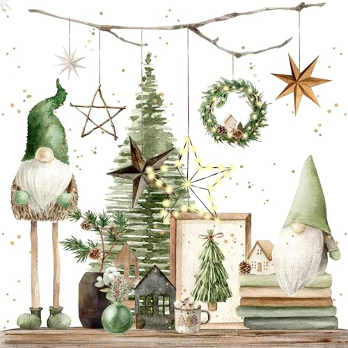 Anniversary House Tiflair Luxury Christmas Napkins - 3-Ply Paper Lunch Napkins with Whimsical Green Gonk Gnome Design - Thick, Strong, Festive Disposable Serviettes for Christmas Table Décor - 20 Pack