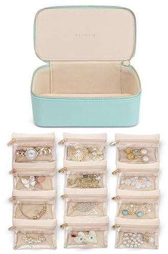 Vlando Reise-Schmucketui, Schmuck-Reise-Organizer für 12 Samt-Schmuckbeutel, Schmuckschatulle für Reisende, Frauen, Mädchen, Geburtstagsgeschenke für Teenager, trendige Sachen, Seeblau