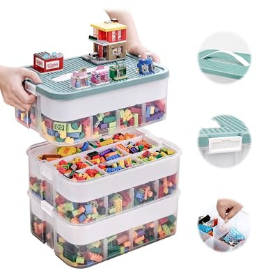 OSTWOLKE Scatola portaoggetti con coperchio per Lego, scatola trasparente a 3 livelli per piccole parti, scatola impilabile in plastica con manico e vassoio rimovibile e scomparti regolabili per