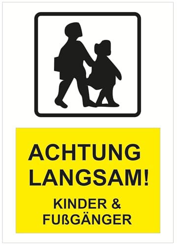 Indigos UG - Schild Achtung Langsam! Kinder & Fußgänger - 420x594 - Hotel, Firma, Schutz, KITA, Arzt, Praxis - Sicherheit - Warnung - Aluverbundplatte 3mm, Wohnung - Hinweisschild - Warnschild