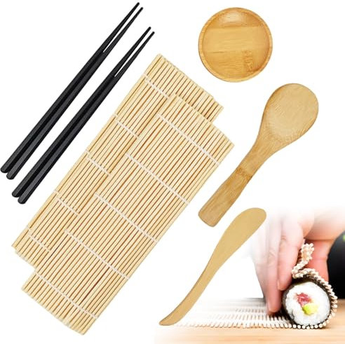 FIHODONE Sushi Set zum Selber Machen mit 2 Bambus Sushi Matte,2 paar Stäbchen,1 Japanisches Messer,1 Sushiteller,1 Reislöffel, Maker Set Selber Perfektes für Anfänger