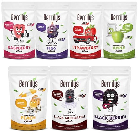 Berrilys Confezione di 7 aromi liofilizzati, fichi, pesca, mela, mora, gelso nero, lampone, fragola, snack sano, senza zuccheri aggiunti, non OGM, confezione da 7, 25 g ciascuno