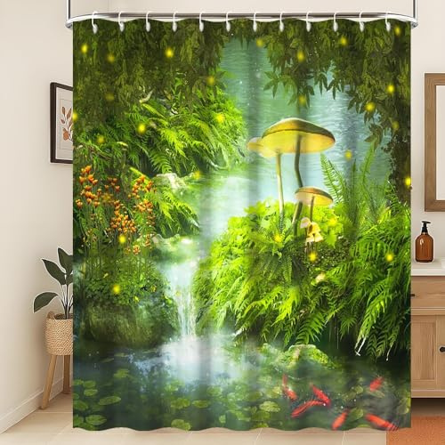 Xiaoterna Fiaba Fantastica Foresta Tenda da doccia Primavera Fiaba Foresta Incantata Tenda da bagno verde Tenda da doccia pesce d'erba lucciola Tessuto impermeabile lavabile in lavatrice 180x180cm
