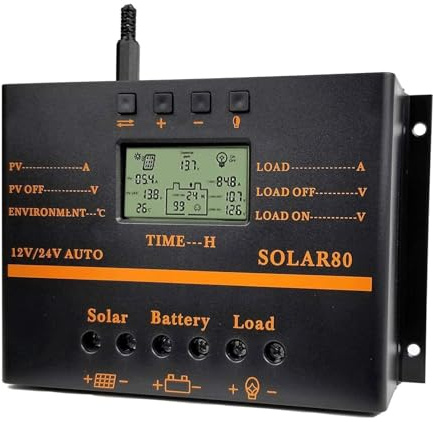 YIWUTRADE Regulador de carga solar, 80 A, panel solar, regulador de carga de batería, generación de energía fotovoltaica, pantalla LCD de 12 V/24 V