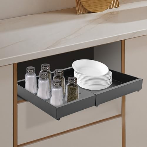 Teleskopschublade, Teleskop-Schrankauszug, Ausziehbare Schubladen Organizer für Küchen, Vorratskammern und Bäder, Belastbarkeit 20 kg, 42-68 * 42 * 7.5cm, schwarz