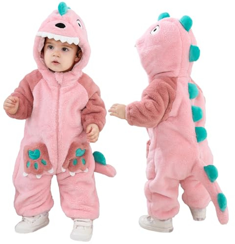 LOLANTA Unisex Baby Dinosaurie Drakkostym, Småbarn Plysch Endelad Djursparkdräkt med huva, Rosa Dinosaurie, 4-5 år, Etikett 120