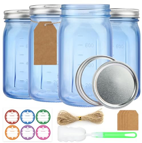 CARBLIN 4 Pack Mason Jars 32 oz, Blue Wide Mouth Canning Jars with Airtight Lids, Glass Pint Jars with Bands Labels Brush, Large Storage Quart Jars for Jam Fermenting Preserving