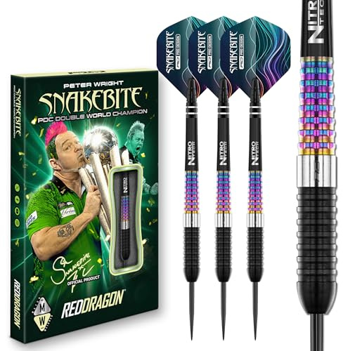 RÖDA DRAGON Darts – professionell spelare – Peter Wright Snakebite Corra 24 g – 90 % volframstålspetspilar med dartflyg och dartaxlar (stammar)