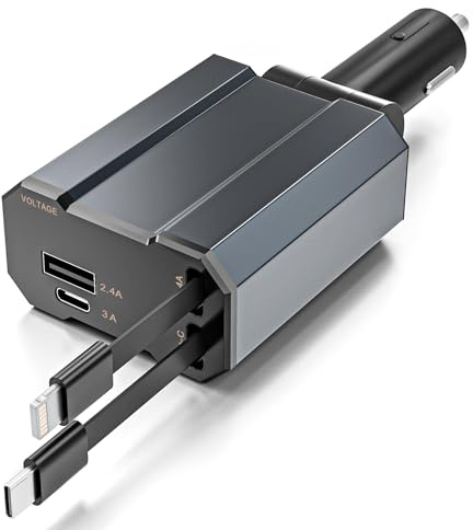 66W Retractable Car Charger 4 in 1 Car Charger Adapter with Retractable Cables and Voltage DisplayWith USB/USB-C Ports Compatible with i-P-hone, Samsung Galaxy, Android
