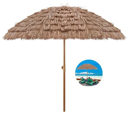 Hawaiian Tiki Strandschirm mit Neigung, LSF 50+, wasserdicht, tragbar, Marktschirm für Sand, Garten, Rasen, Pool, 8 Rippen, Tragetasche im Lieferumfang enthalten