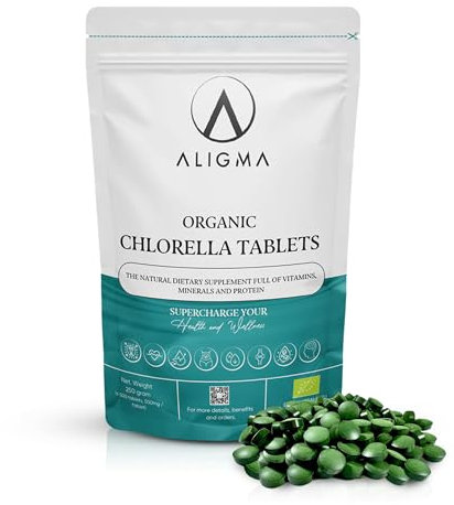Aligma Bio-Chlorella-Tabletten 500×500 mg zur Stärkung des Immunsystems, Super Grüns-Tabletten, natürliche Quelle für veganes Protein, Mineralien und Vitamine | Wiederverschließbare Verpackung
