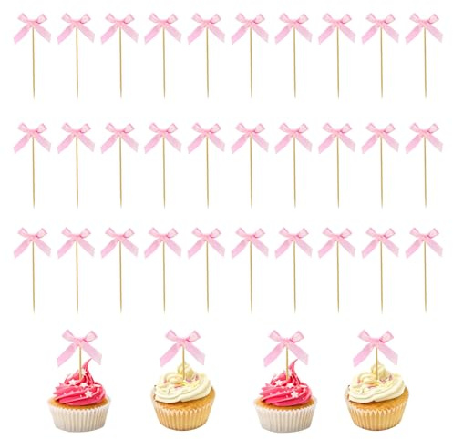 Cosmeria Cupcake Topper avec nœud Rose, 30 pièces, décorations de fête, Pique à Cupcake pour Baby Shower, Fille, Anniversaire, décoration de gâteau (Rose)