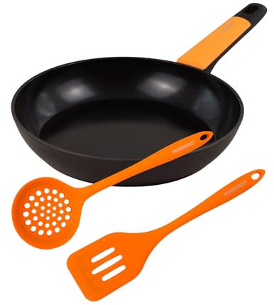 Fackelmann Soft Set de Sartén y 2 Utensilios de Cocina de Silicona, incluye Sartén Andiadherente 24 cm de Aluminio Forjado Reciclado Sin PFA, Espumadera y Paleta Ranurada, Aptos para Lavavajillas