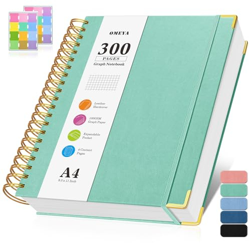 Notizblock A4 Kariert, Spiralblock Notizbuch mit 300 Seiten, 100GSMblock kariert, Hardcover Leder Spiralbindung Notebook für Frauen und Männer,Großes Notizbücher für Arbeit Büro Schule, 21.5 x 27.9cm