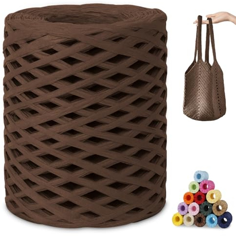 CAMAL Raphia à Crocheter, 200m Rafia Naturel Fil de Rafia Crochet pour Sac, 3mm Fil de Raphia Papier pour Crochet DIY Artisanat, Parti Chapeau, Bouquet De Mariage (café)