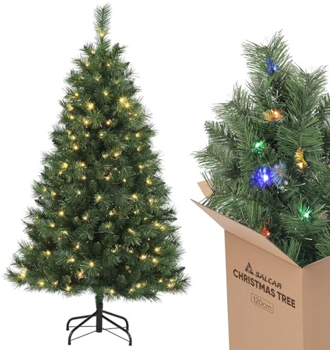 SALCAR künstlicher Weihnachtsbaum mit Beleuchtung, 120 cm hoher Kleiner Tannenbaum mit warmweißer und RGB Christbaumbeleuchtung, PVC Christbaum für Weihnachtsdekoration