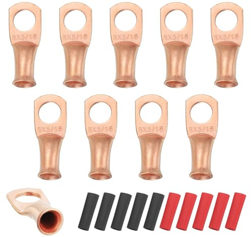 sourcing map 10 capicorda per batteria da 8 AWG, terminali ad anello da 8 gauge da 5/16 pollici, terminali terminali terminali in rame, tubi termorestringenti 2:1, oro