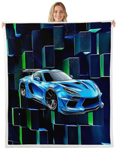 Loussiesd Cobija de forro polar con diseño de coche de carreras Sherpa, color azul, para niños y niñas, con estampado geométrico, mullida para sofá cama, 40 x 50 pulgadas
