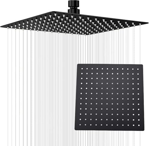 Square Rain Shower Head, 12 inch Large Top Spray Square Showerhead, 304 Stainless Steel, Ultra Thin Powerful High-Pressure Bathroom Shower Head with Silicone Nozzl