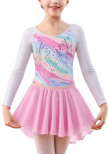 SEAUR Body da ginnastica da bambina a maniche lunghe da ginnastica con gonna e fascia multicolore glitter 5-12 anni, Rosa, 7-8 Anni