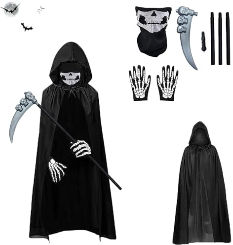 Gxlaihly Disfraz de Parca para Adultos, Halloween disfraz la muerte,con Capucha, Máscara de Calavera, Guantes, Guadaña,Disfraz de parca,Conjunto de Disfraces de Reaper de Halloween